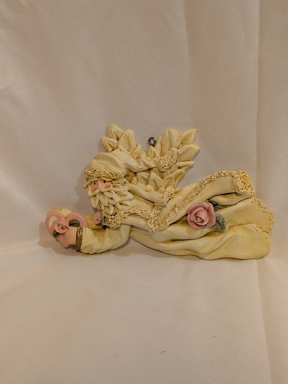 Kurt Adler Vintage Cream Santa's World Angel Ornament with Pink Rose Details